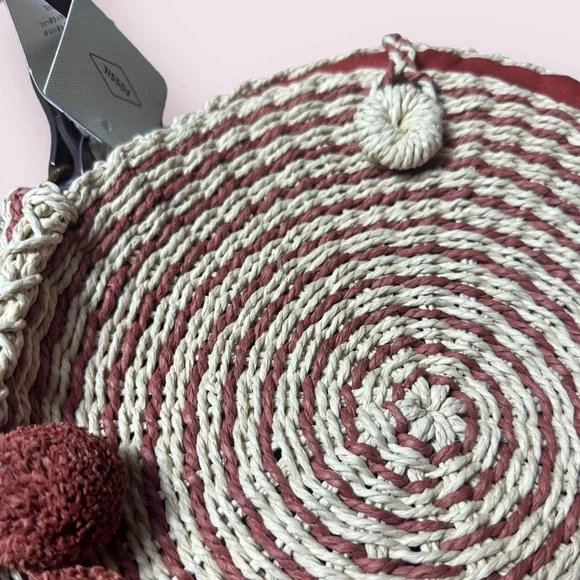 NWT Fossil Faye Crossbody Straw Woven Handbag Terracotta Accents Brown Strap - Picture 4 of 10